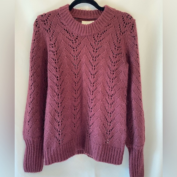 Kaffe Sweaters - Women's Burgundy feminine Coquette Girl Open Knit Puff Sleeve Crewneck Sweater S